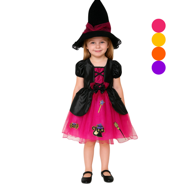 Disfraz de bruja niña con vestido y sombrero