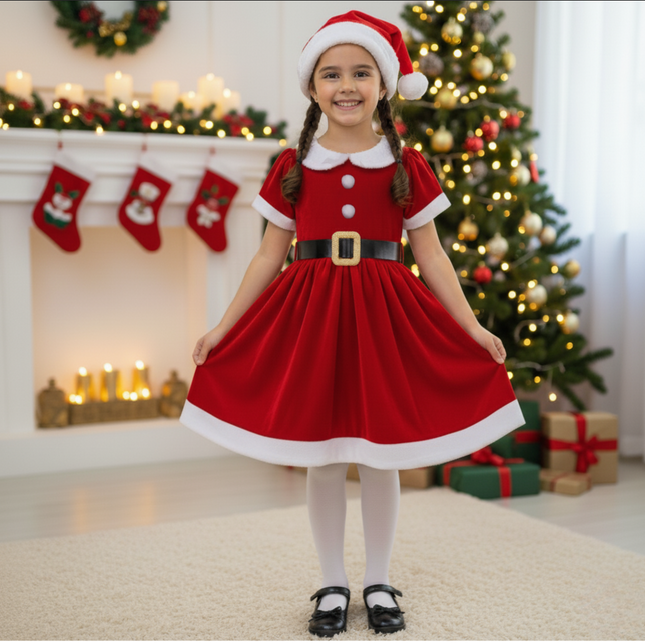 Vestido de Navidad de Santa Claus para Niña Rojo con cinturón y gorro ROSAURITAS
