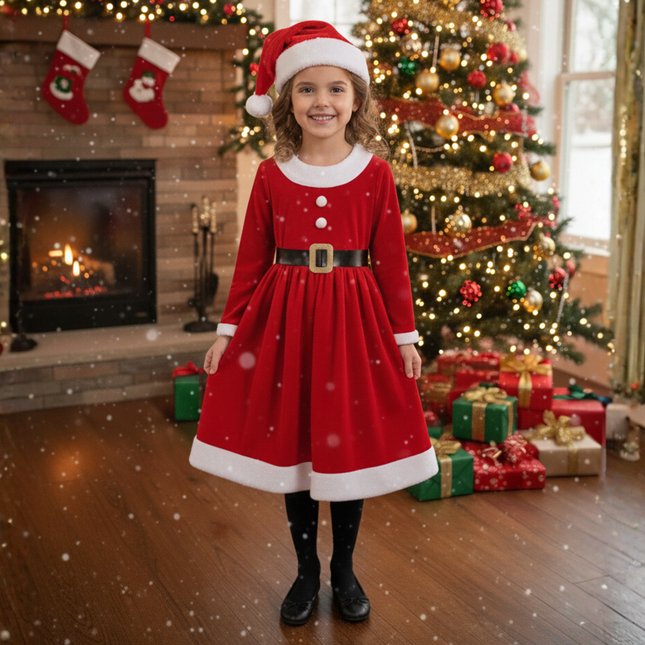 Vestido de Navidad para Niña Rojo con Cinturón Negro, Perfecto para Fiestas y Posadas Navideñas