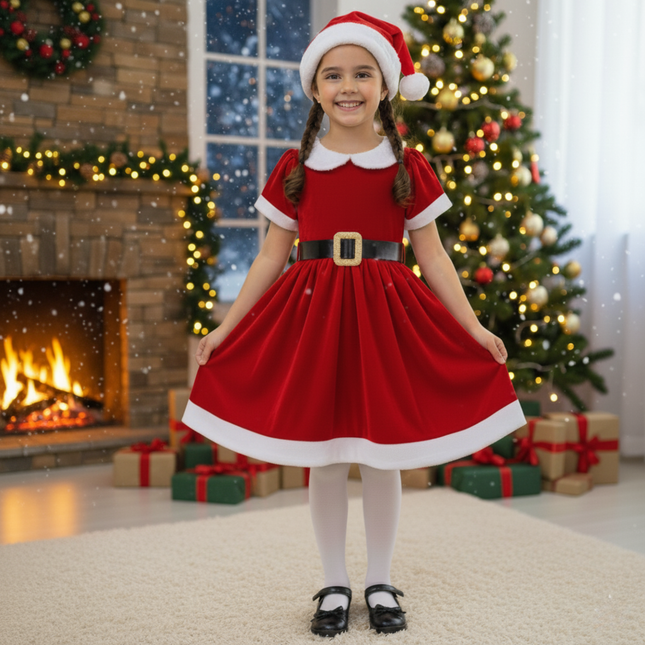 Disfraz de Papá Noel para niñas Rojo con Cinturón Negro, Perfecto para Fiestas y Posadas Navideñas