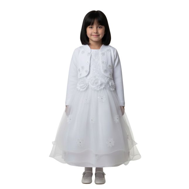 Vestido de Fiesta para Niña Blanco con Torera y Pedrería ROSAURITAS
